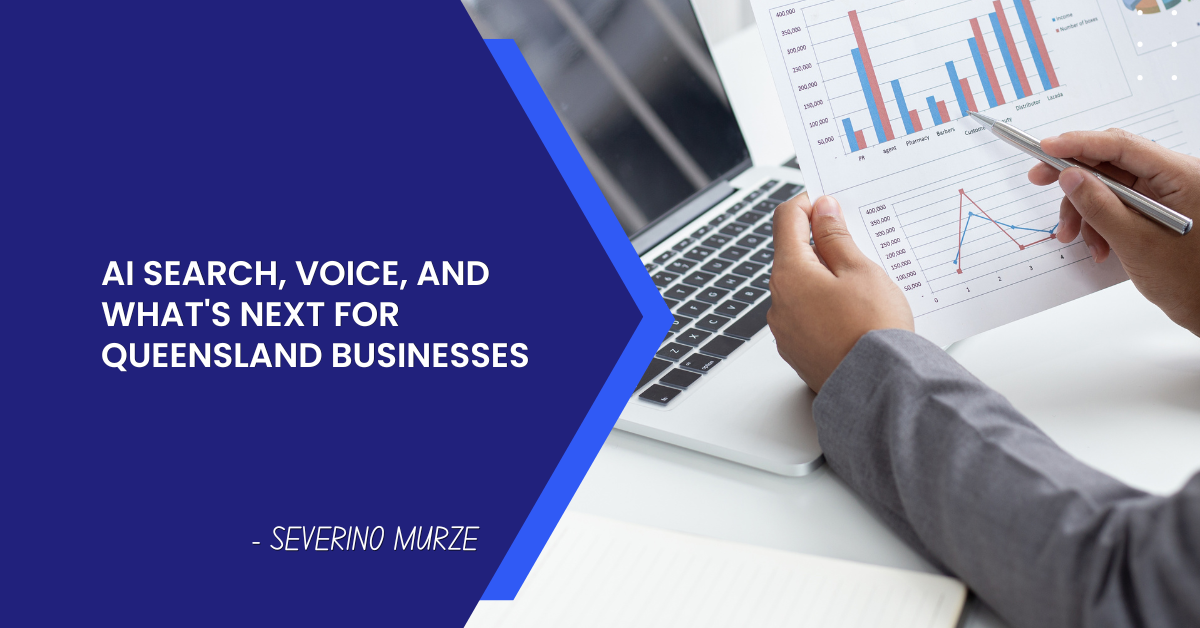 Futuristic digital marketing dashboard showing AI search optimization and voice search analytics for Queensland business